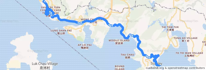 Mapa del recorrido 城巴73線 Citybus 73 (赤柱監獄 Stanley Prison → 數碼港 Cyberport) de la línea  en 南區.