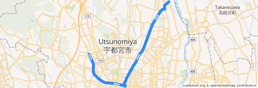 Mapa del recorrido 関東自動車バス[71] 細谷車庫⇒白沢河原 de la línea  en 宇都宮市.