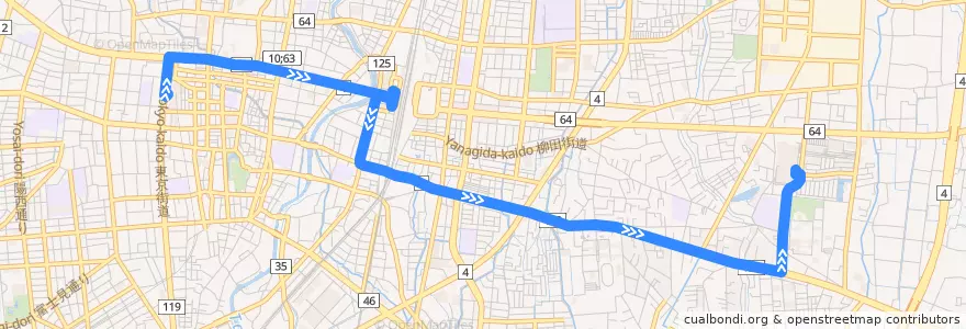 Mapa del recorrido 関東自動車バス 宇都宮東武⇒宇大⇒ベルモール de la línea  en 宇都宮市.