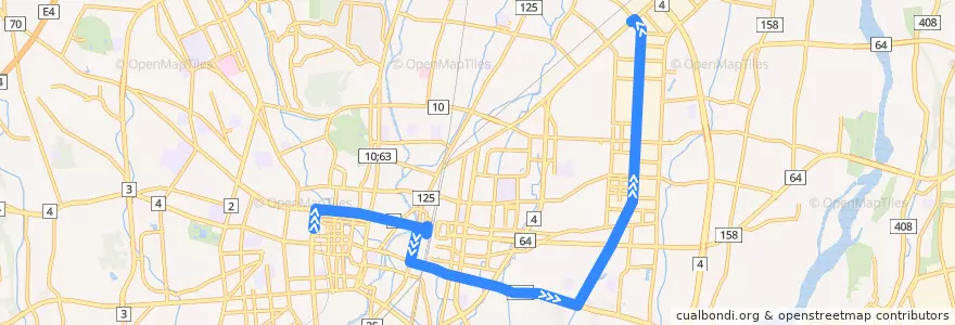 Mapa del recorrido 関東自動車バス 宇都宮東武⇒宇大⇒御幸交番前 de la línea  en Utsunomiya.