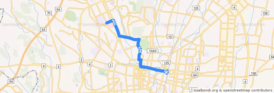 Mapa del recorrido 関東自動車バス[54] 宇都宮駅⇒西塙田⇒戸祭 de la línea  en Utsunomiya.