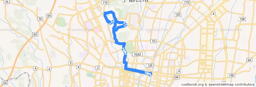 Mapa del recorrido 関東自動車バス[54] 宇都宮駅⇒戸祭台循環 de la línea  en Utsunomiya.