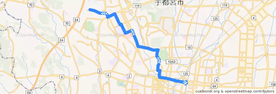 Mapa del recorrido 関東自動車バス[54] 宇都宮駅⇒西塙田⇒宝木団地 de la línea  en 宇都宮市.