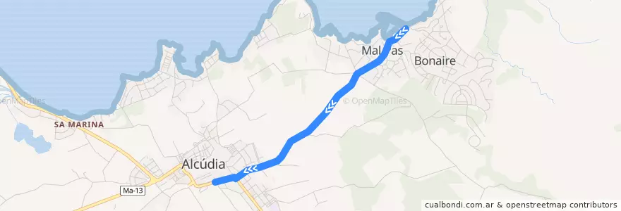 Mapa del recorrido Bus 356B: Alcúdia → es Mal Pas de la línea  en Alcúdia.