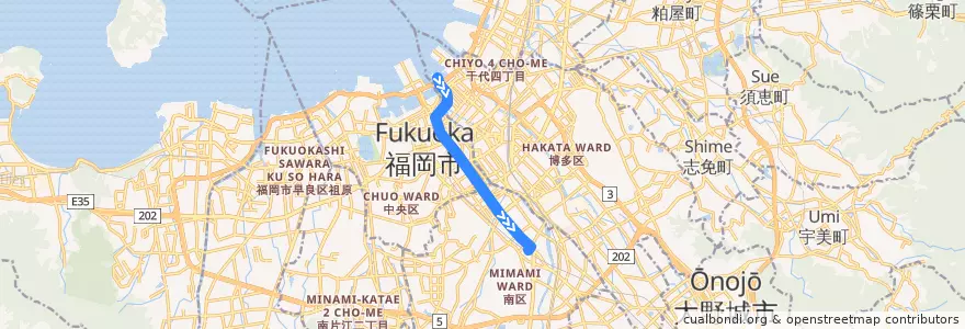 Mapa del recorrido 大橋〜福翔線　博多ふ頭⇒天神地区⇒西鉄大橋駅 de la línea  en 福岡市.