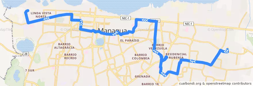 Mapa del recorrido Ruta 101: Mercado Mayoreo -> Las Brisas de la línea  en Managua (Municipio).
