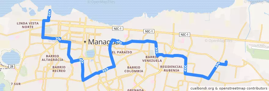 Mapa del recorrido Ruta 102: Acahualinca -> Mercado Mayoreo de la línea  en Managua (Municipio).