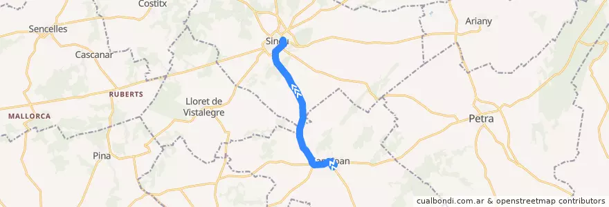 Mapa del recorrido Bus 406a: Sant Joan → Estació Sineu de la línea  en Pla de Mallorca.