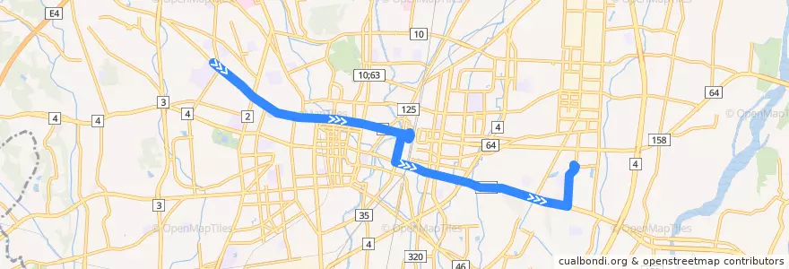 Mapa del recorrido JRバス関東水都西線 作新学院前⇒宇大⇒ベルモール de la línea  en Utsunomiya.