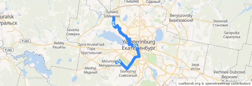 Mapa del recorrido Автобус 014. ТЦ «Лента» — ДМБ № 9 de la línea  en городской округ Екатеринбург.