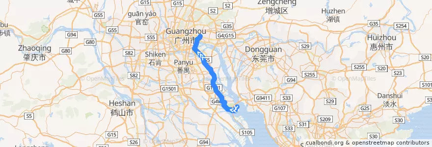 Mapa del recorrido 广州地铁4号线（南沙客运港→黄村） de la línea  en 广州市.