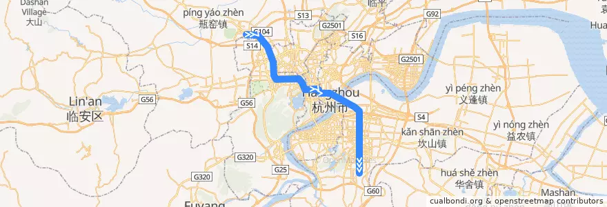 Mapa del recorrido 杭州地铁2号线 de la línea  en Hangzhou.