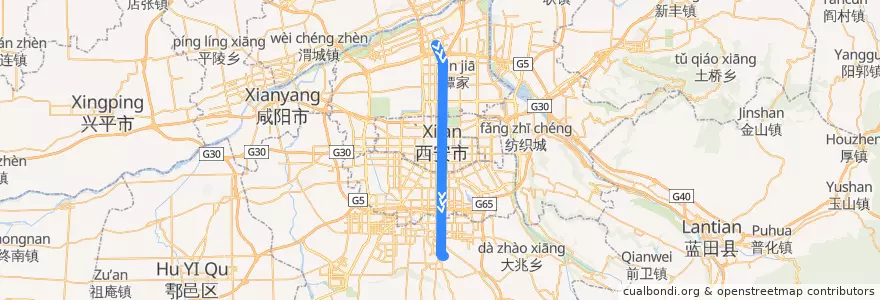 Mapa del recorrido 西安地铁二号线 de la línea  en 西安市.