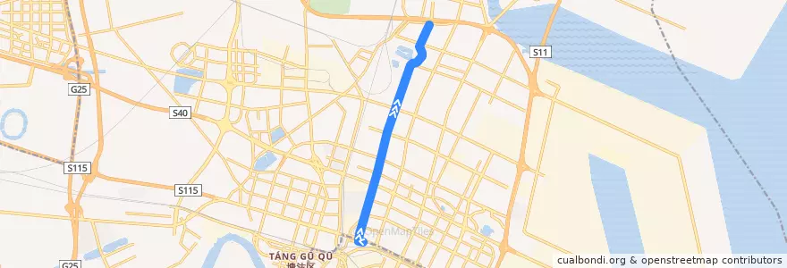 Mapa del recorrido 天津开发区导轨电车1号线 de la línea  en 滨海新区.