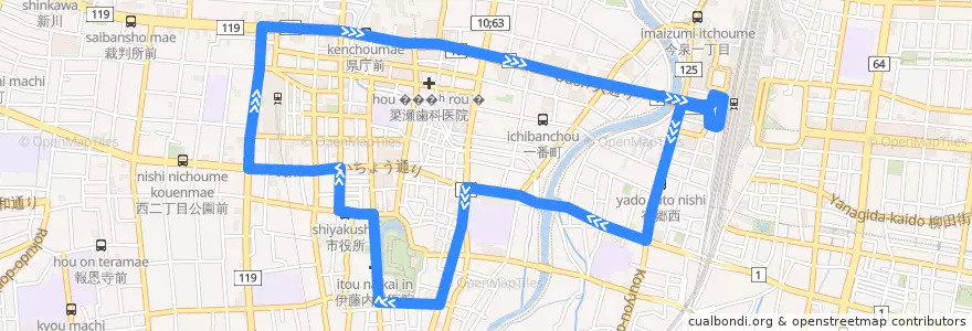 Mapa del recorrido 関東自動車バス[33] 宇都宮駅⇒市役所循環 de la línea  en 宇都宮市.