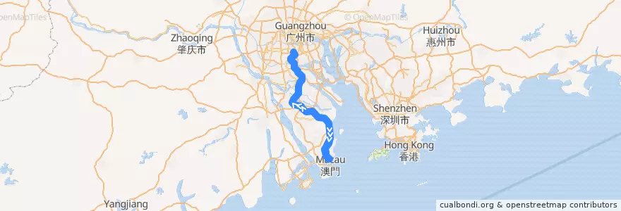 Mapa del recorrido 广珠城际铁路 Guangzhou–Zhuhai Intercity Railway de la línea  en غوانغدونغ.