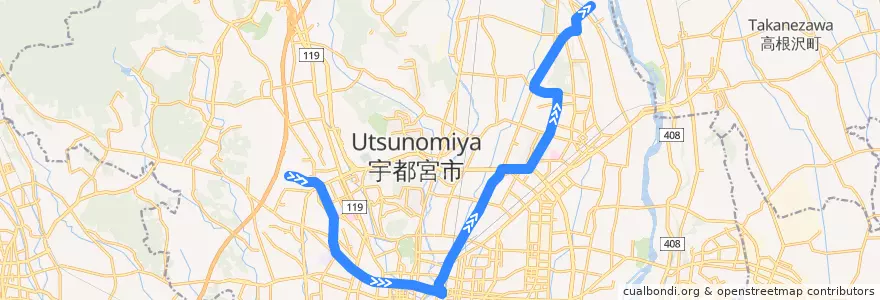 Mapa del recorrido 関東自動車バス[71] 宝木団地⇒奈坪台⇒白沢河原 de la línea  en 宇都宮市.