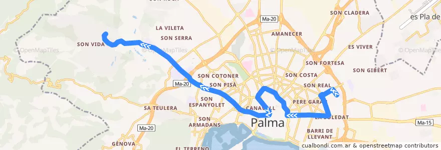 Mapa del recorrido Bus 7: Son Gotleu → Son Vida de la línea  en Пальма.