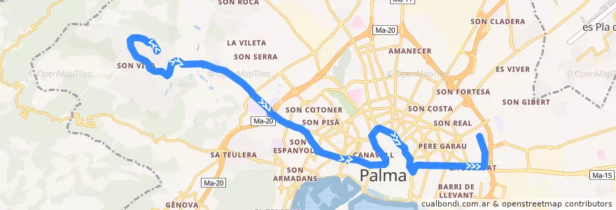 Mapa del recorrido Bus 7: Son Vida → Son Gotleu de la línea  en پالما.