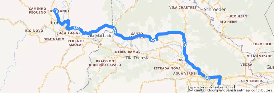 Mapa del recorrido Jaraguá - Corupá de la línea  en Microrregião de Joinville.