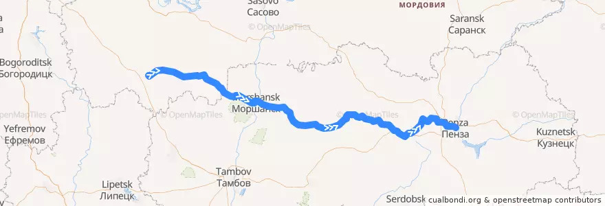 Mapa del recorrido Ряжск — Пенза de la línea  en Russia.