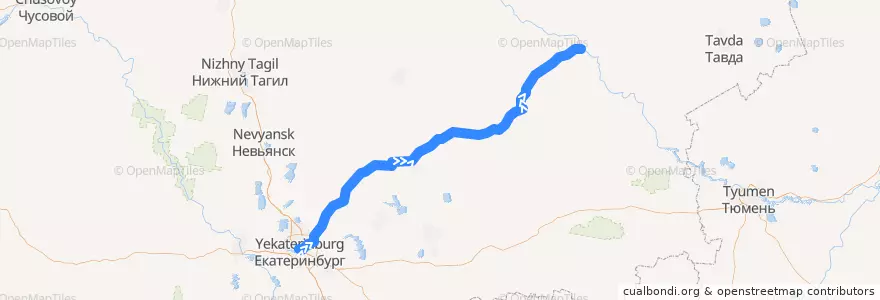 Mapa del recorrido Рейс 1055: Екатеринбург — Туринск de la línea  en Свердловская область.