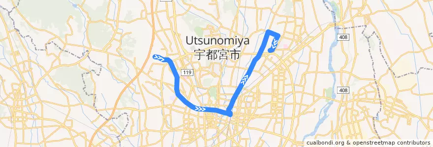 Mapa del recorrido 関東自動車バス[70] 宝木団地⇒釜井台団地 de la línea  en 宇都宮市.