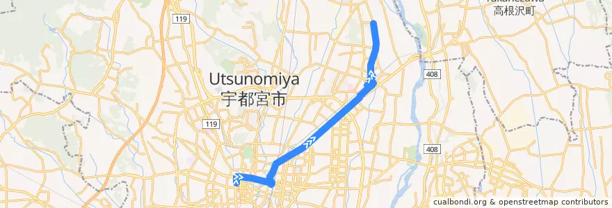Mapa del recorrido 関東自動車バス 宇都宮東武⇒今泉九丁目⇒和久 de la línea  en Utsunomiya.