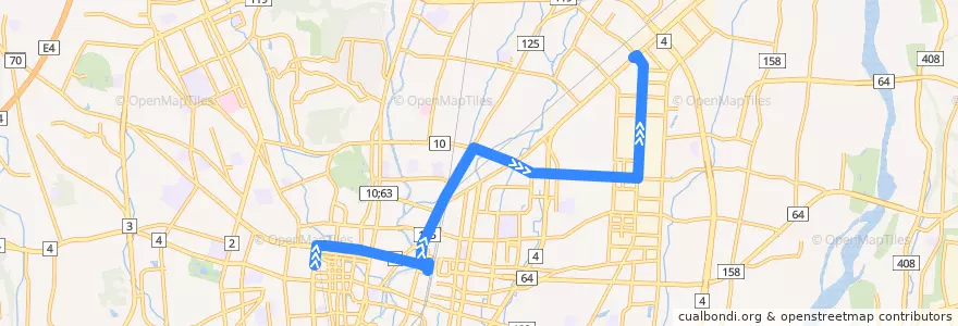 Mapa del recorrido 関東自動車バス 宇都宮東武⇒北越戸⇒御幸交番前 de la línea  en Utsunomiya.