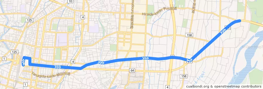 Mapa del recorrido 関東自動車バス[11] 宇都宮駅東口⇒中平出⇒柳田車庫 de la línea  en Utsunomiya.