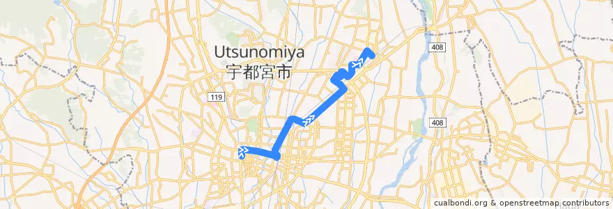 Mapa del recorrido 関東自動車バス 宇都宮東武⇒上野団地⇒岡本駅西口 de la línea  en Utsunomiya.