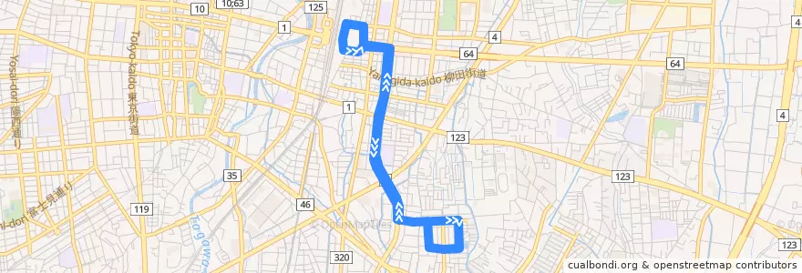 Mapa del recorrido 東野交通バス 宇都宮駅東口⇒平松本町循環 de la línea  en 宇都宮市.