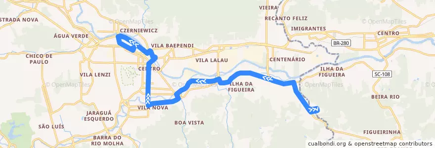 Mapa del recorrido Lot. Piazera - Terminal de la línea  en Jaraguá do Sul.
