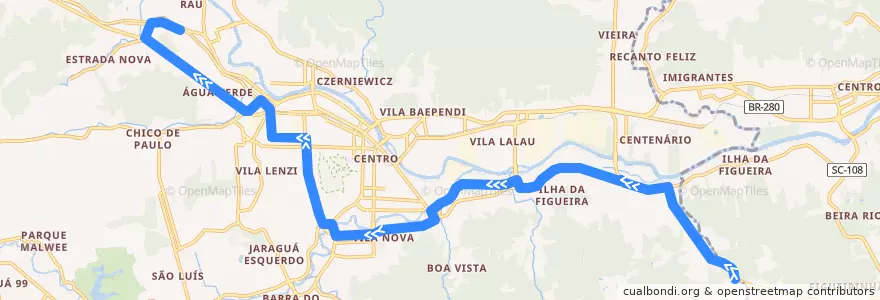 Mapa del recorrido Pedreira - Católica de la línea  en Jaraguá do Sul.