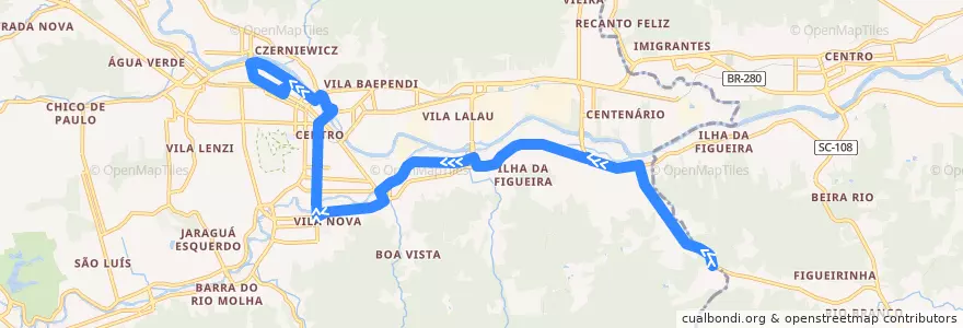 Mapa del recorrido Pedreira - Terminal de la línea  en Jaraguá do Sul.