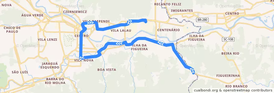 Mapa del recorrido Pedreira - WEG II Extensão de la línea  en Jaraguá do Sul.