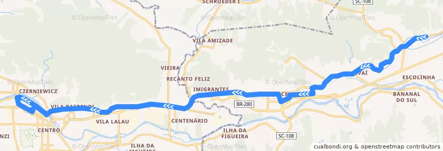 Mapa del recorrido Guaramirim - Jaraguá do Sul de la línea  en Microrregião de Joinville.