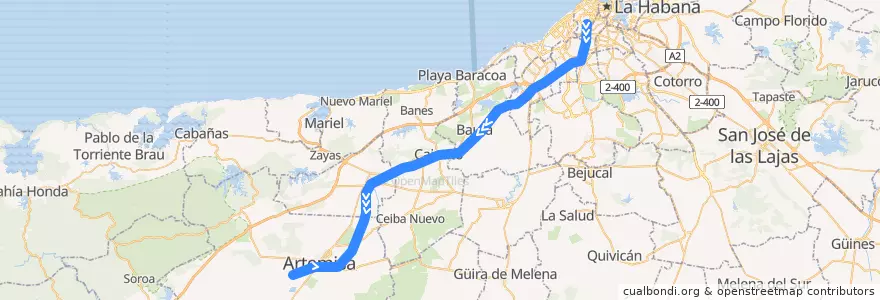 Mapa del recorrido Habana-Guanajay-Artemisa de la línea  en 쿠바.