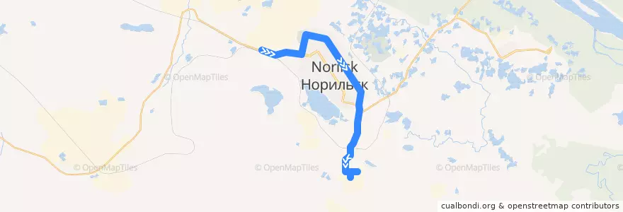 Mapa del recorrido Автобус №5Б: Медный завод - ул. Талнахская - ОВЦ de la línea  en городской округ Норильск.