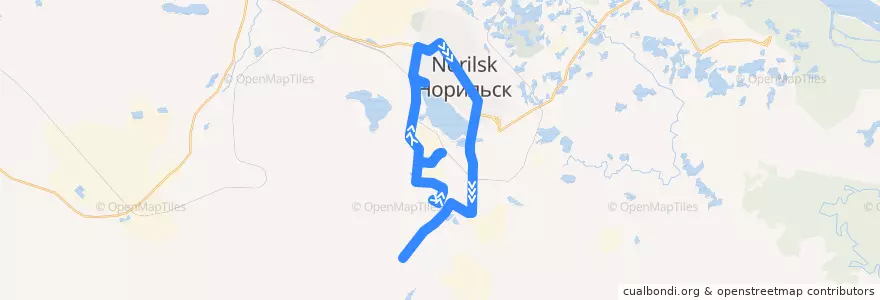 Mapa del recorrido Автобус №12: УАДиС - рудник "Заполярный" de la línea  en ノリリスク管区.