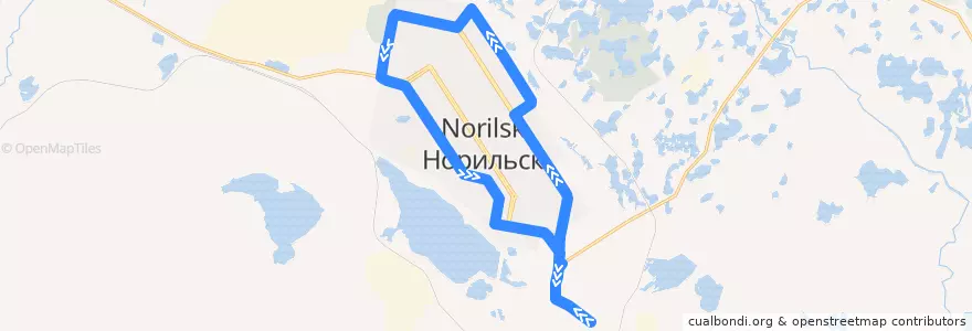 Mapa del recorrido Автобус №14Б: УТВГС - ул. Талнахская - АДЦ - УТВГС de la línea  en ノリリスク管区.
