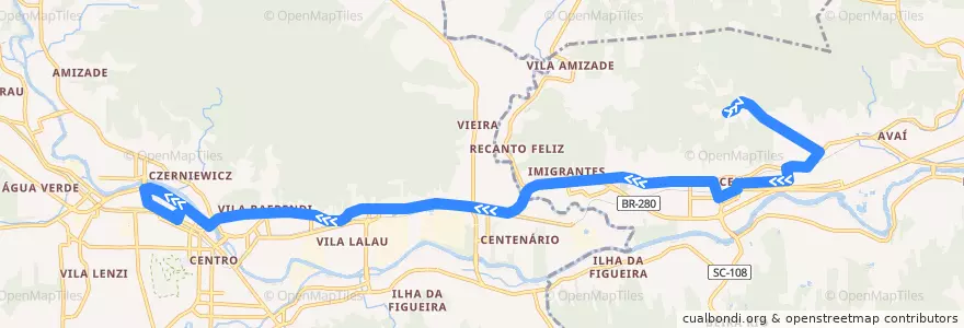 Mapa del recorrido Guaramirim - Jaraguá do Sul via Juriti de la línea  en Microrregião de Joinville.