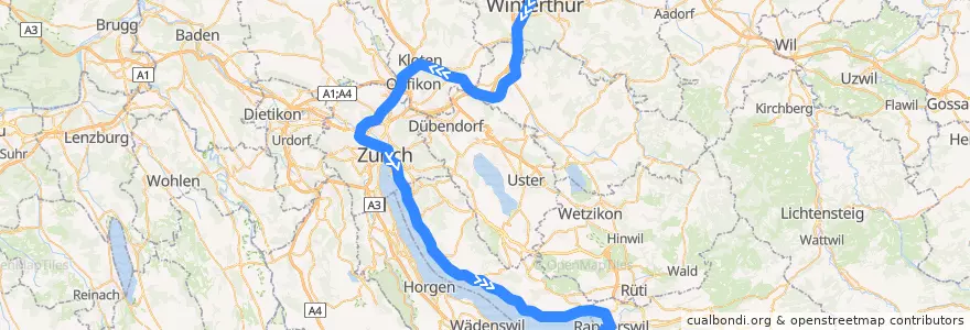 Mapa del recorrido S7: Winterthur –> Rapperswil SG de la línea  en Zurique.