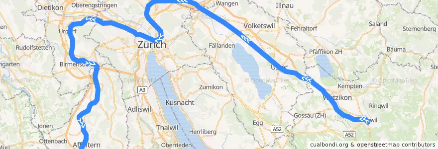 Mapa del recorrido S14: Hinwil –> Affoltern am Albis de la línea  en Zürich.