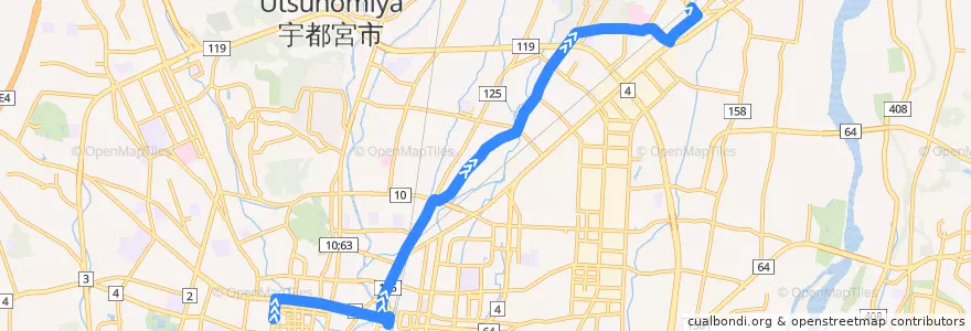 Mapa del recorrido 東野交通バス 宇都宮東武⇒御幸ヶ原元町⇒岡本駅 de la línea  en Utsunomiya.