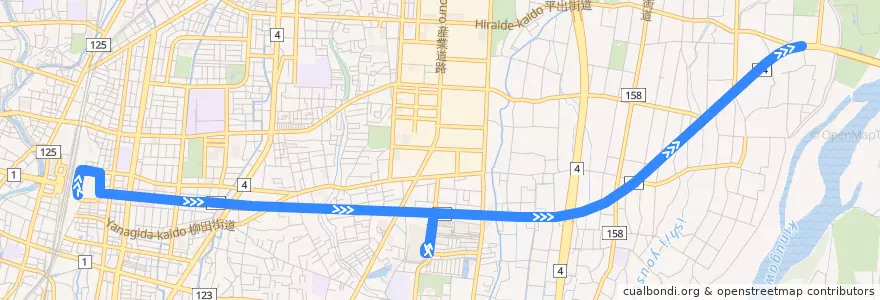Mapa del recorrido 関東自動車バス[11] 宇都宮駅東口⇒ベルモール⇒柳田車庫 de la línea  en Utsunomiya.