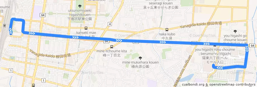 Mapa del recorrido 関東自動車バス[11] 宇都宮駅東口⇒陽東桜ヶ丘⇒ベルモール de la línea  en Utsunomiya.