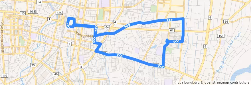 Mapa del recorrido 関東自動車バス[02] 宇都宮駅東口⇒宇大循環（右回り） de la línea  en Utsunomiya.