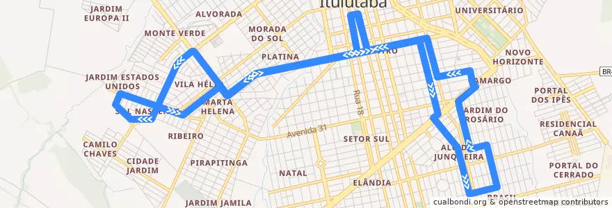 Mapa del recorrido Sol Nascente - Junqueira de la línea  en Ituiutaba.