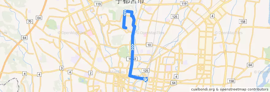 Mapa del recorrido 宇都宮駅⇒宇商高⇒富士見ヶ丘団地 de la línea  en Utsunomiya.